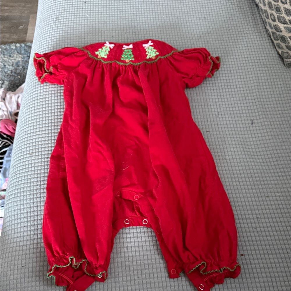 Red Baby Romper with Christmas Tree Embroidery